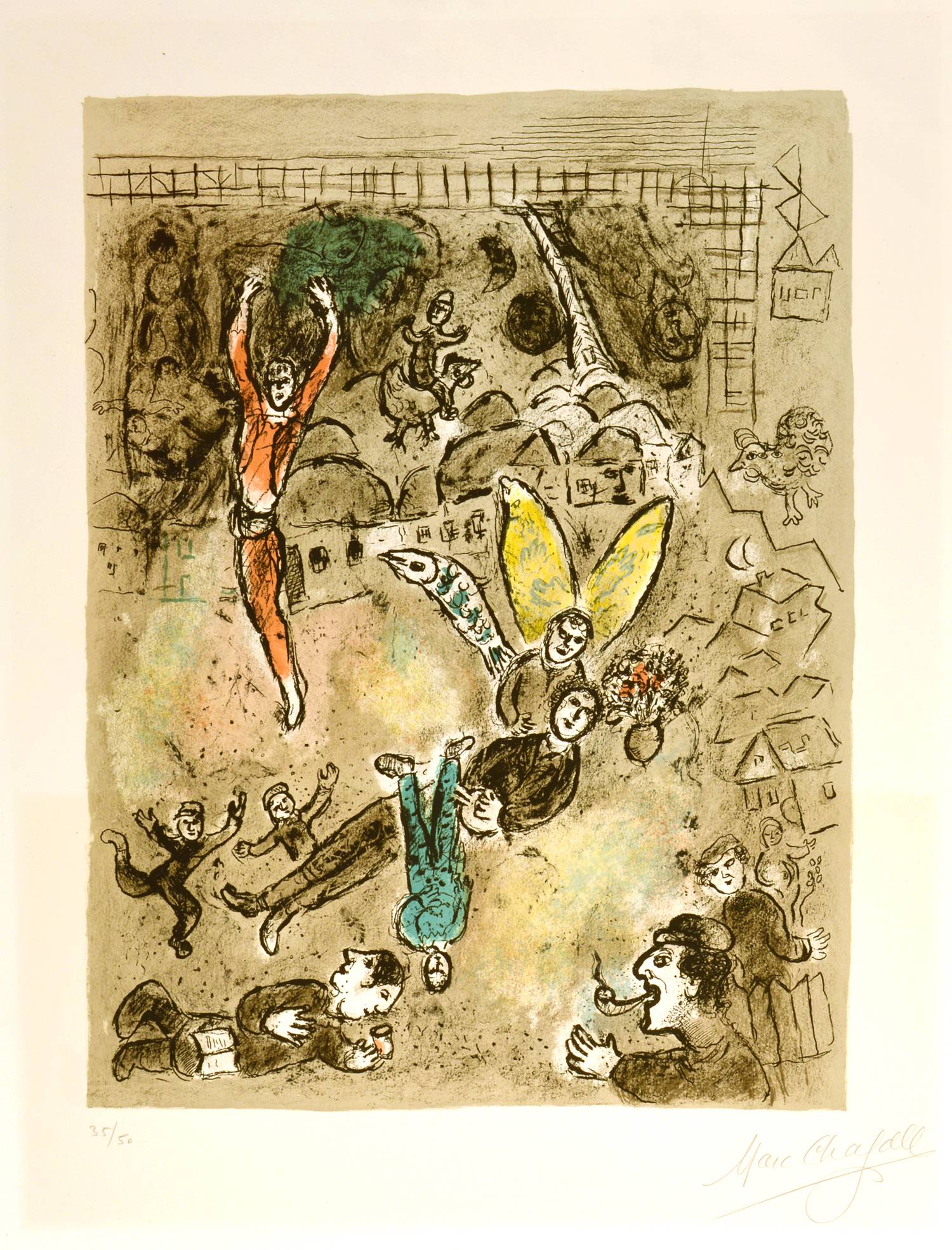 lithograph of many figures dancing, jumping, performing